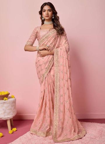 Georgette Contemporary Saree in Peach Enhanced with Sequins Work