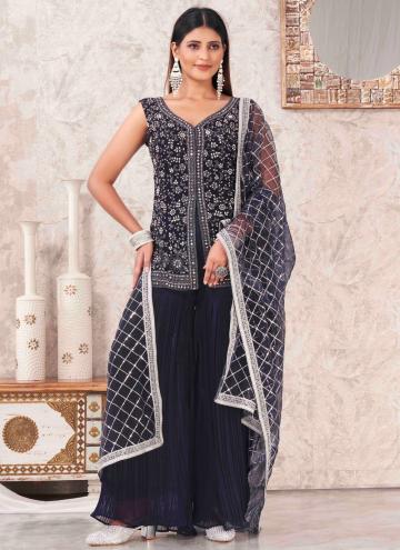 Georgette Salwar Suit in Blue Enhanced with Embroi