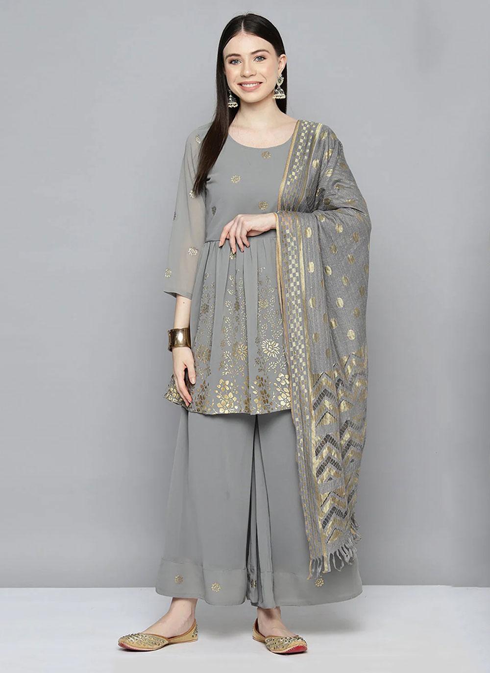 Georgette Trendy Salwar Kameez in Grey Enhanced with Floral Print
