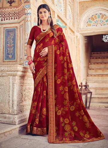 Georgette Trendy Saree in Red Enhanced with Printe