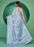 Glorious Aqua Blue Georgette Sequins Work Classic Designer Saree - 2