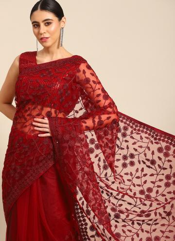 Glorious Embroidered Net Maroon Designer Saree