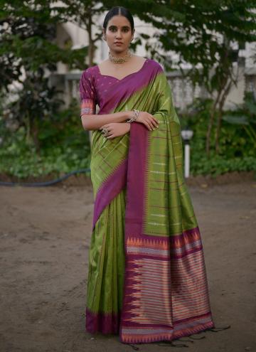 Glorious Green Raw Silk Woven Trendy Saree