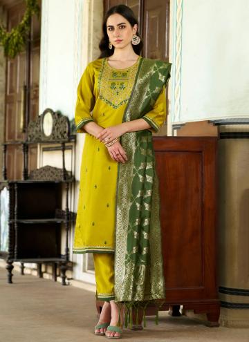 Glorious Yellow Rayon Embroidered Pant Style Suit for Ceremonial