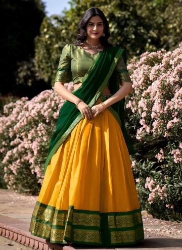 Gratifying Green and Yellow Kanchipuram Silk Woven A Line Lehenga Choli for Ceremonial