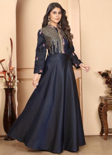Gratifying Navy Blue Silk Embroidered Readymade Designer Gown for Ceremonial