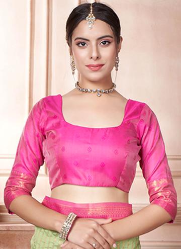 Green and Pink Designer Saree in Kanjivaram Silk with Woven