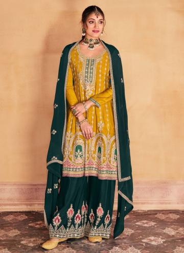 Green and Yellow Salwar Suit in Chinon with Embroidered