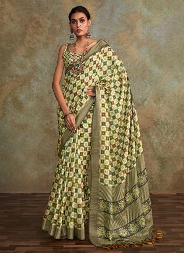 Green color Printed Handloom Silk Classic Designer Saree
