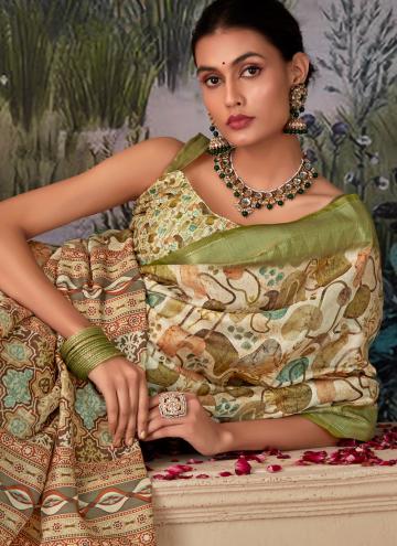 Green color Tussar Silk Trendy Saree with Printed