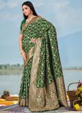 Green Designer Saree in Banarasi with Floral Print - 3