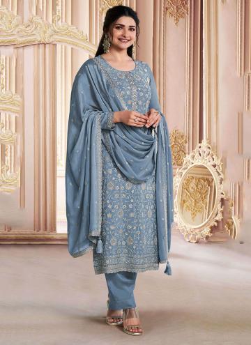 Grey Chinon Embroidered Salwar Suit for Ceremonial
