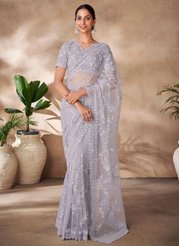 Grey color Net Classic Designer Saree with Sequins Work