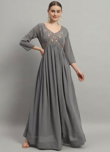 Grey Readymade Designer Gown in Georgette with Embroidered