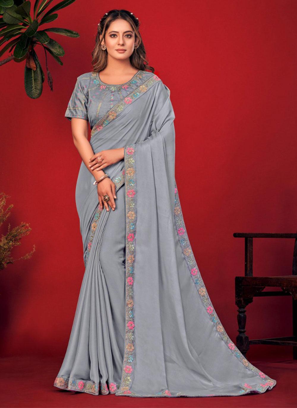 Jacquard Designer Saree in Grey Enhanced with Sequins Work