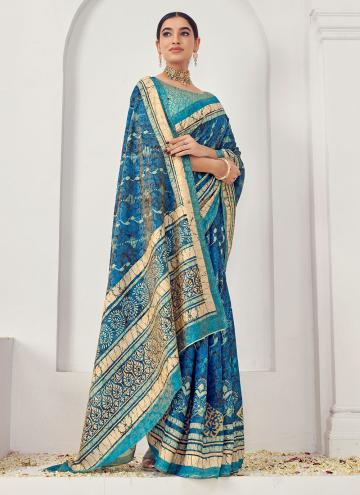 Jacquard Silk Trendy Saree in Blue Enhanced with Digital Print