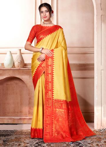 Kanjivaram Silk Classic Designer Saree in Orange and Yellow Enhanced with Woven