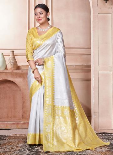 Kanjivaram Silk Trendy Saree in White and Yellow Enhanced with Woven