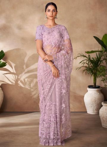 Lavender Net Sequins Work Classic Designer Saree for Party