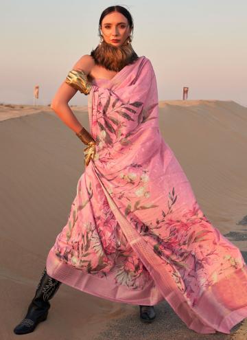 Linen Contemporary Saree in Pink Enhanced with Print