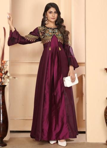 Maroon Readymade Designer Gown in Silk with Embroi