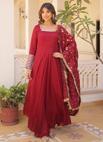Maroon Vichitra Silk Embroidered Designer Gown for