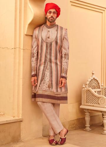 Multi Colour Silk Foil Print Sherwani for Reception