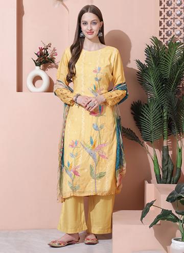 Muslin Trendy Salwar Kameez in Yellow Enhanced wit