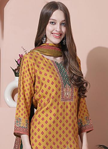 Mustard color Muslin Trendy Salwar Kameez with Embroidered