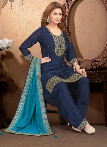Navy Blue color Embroidered Silk Trendy Salwar Kameez