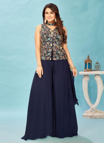Navy Blue color Georgette Palazzo Suit with Embroi
