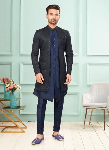 Navy Blue Indo Western in Jacquard with Embroidered