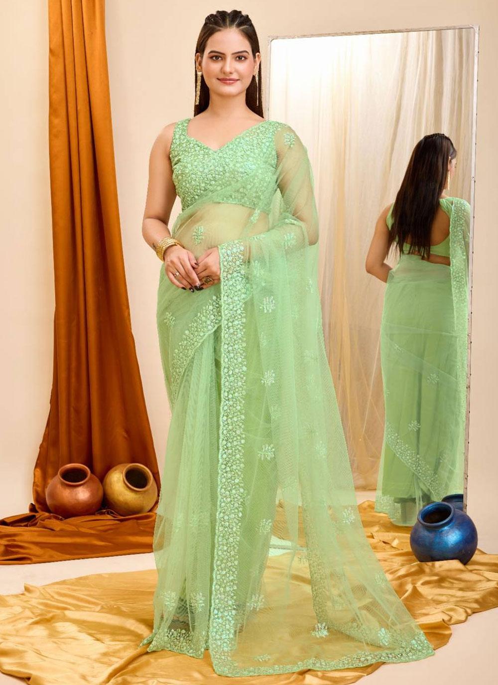 Net Classic Designer Saree in Green Enhanced with Cutwork