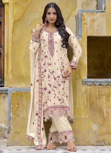 Off White Chinon Embroidered Salwar Suit for Ceremonial