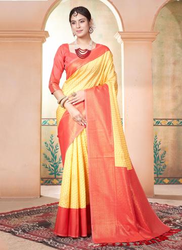 Orange and Yellow color Kanjivaram Silk Contemporary Saree with Woven