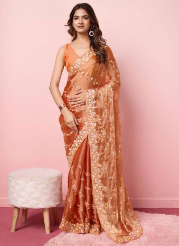 Orange Silk Embroidered Classic Designer Saree for Ceremonial