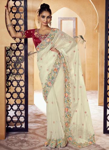 Organza Classic Designer Saree in Off White Enhanced with Embroidered