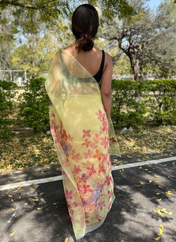 Organza Classic Designer Saree in Yellow Enhanced with Printed