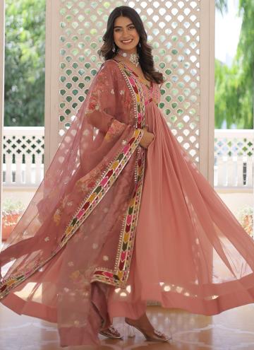 Peach color Faux Georgette Gown with Embroidered