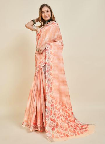 Peach Linen Printed Casual Saree for Casual