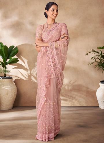 Peach Net Sequins Work Contemporary Saree for Party