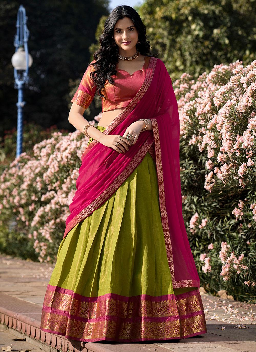 Pink and Sea Green Designer Lehenga Choli in Kanchipuram Silk with Woven