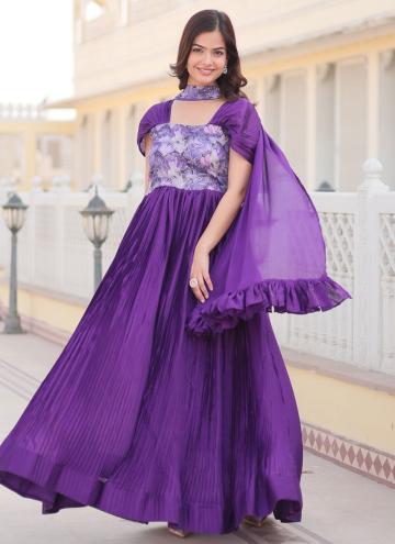 Purple Chinon Print Readymade Designer Gown for Festival