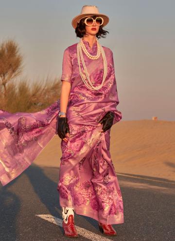 Purple color Tussar Silk Printed Sarees with Printed