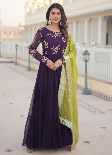 Purple Gown in Faux Georgette with Embroidered
