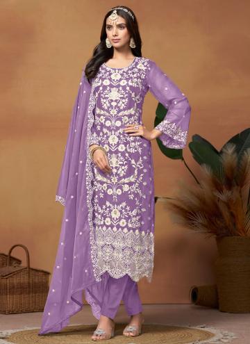 Purple Organza Embroidered Pant Style Suit for Ceremonial