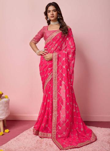 Rani color Georgette Designer Saree with Sequins W