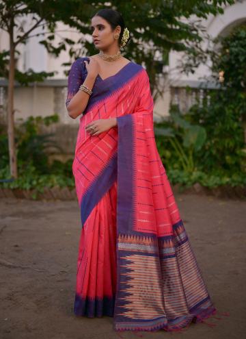 Raw Silk Contemporary Saree in Rani Enhanced with Woven