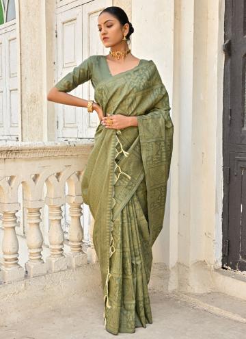 Raw Silk Traditional Saree in Green Enhanced with Woven