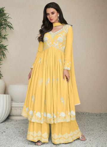 Rayon Salwar Suit in Yellow Enhanced with Embroidered